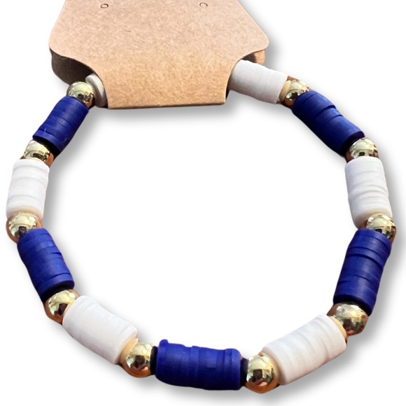 Blue and White Clay Beads Stretchy Bracelet with Gold Accents - Picture 1 of 2